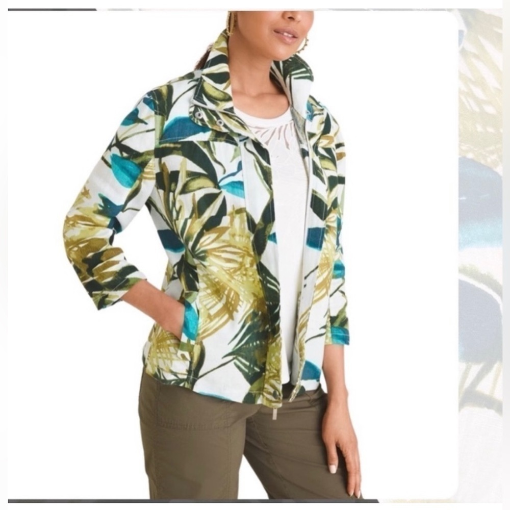 Chico's Leaves Print Linen 3/4 Sleeve White Green Zip Up Jacket Size 12